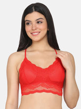 Load image into Gallery viewer, Deevaz Women Seamless Lace V-Neck Padded Bralette Spaghetti With Racer Chain Back Free Size (28 Till 34), Red