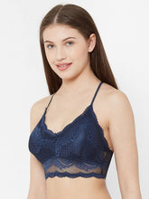 Load image into Gallery viewer, Deevaz Women Seamless Lace V-Neck Padded Bralette Spaghetti With Racer Chain Back Free Size (28 Till 34), Navy Blue