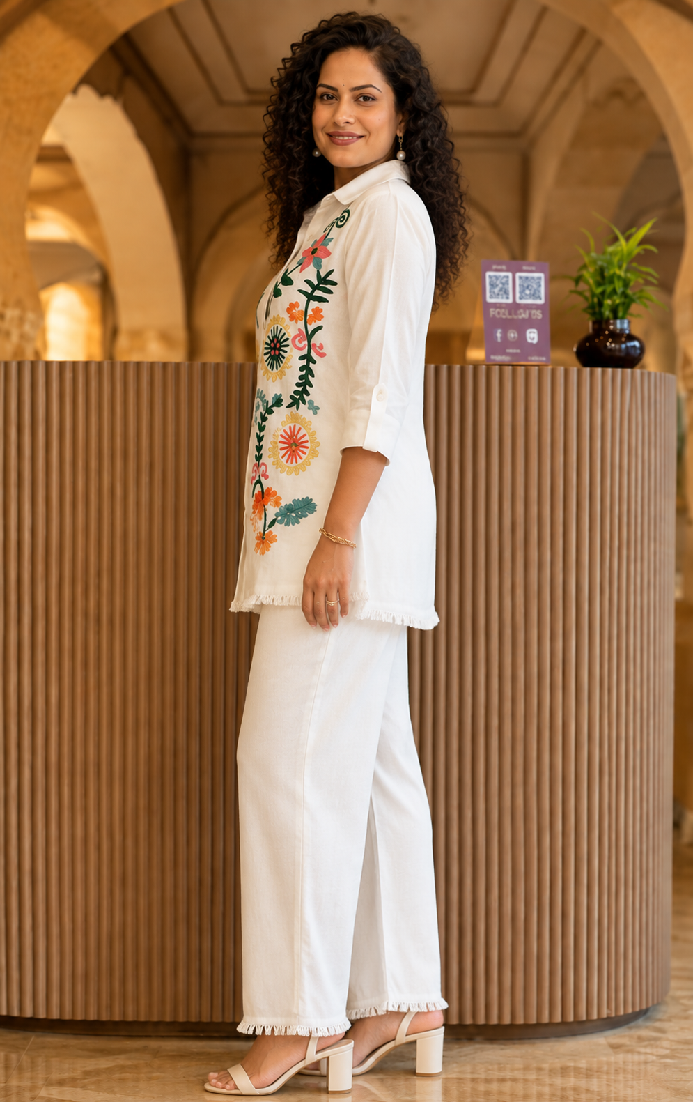 Deevaz Women’s Embroidered Cotton Blend Kurta with Wide-Leg Palazzo Pants Set