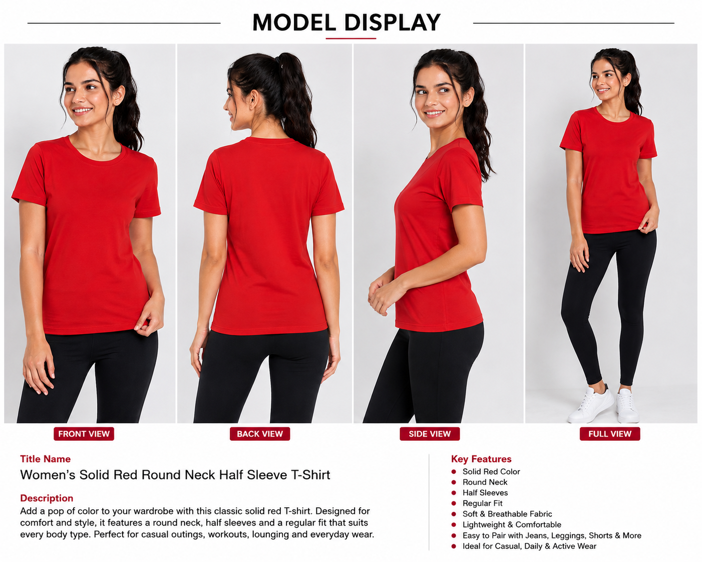 Deevaz Women’s Solid Red Round Neck Half Sleeve T-Shirt