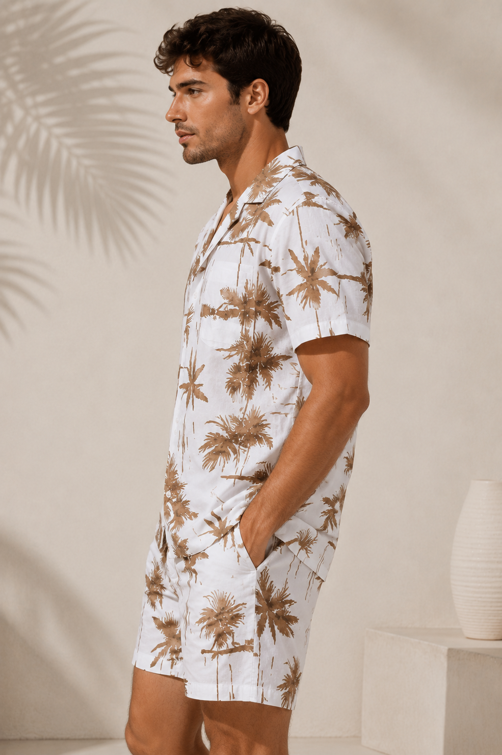Deevaz Men's Off-White Palm Tree Print Resort Shirt & Shorts Co-ord Set.