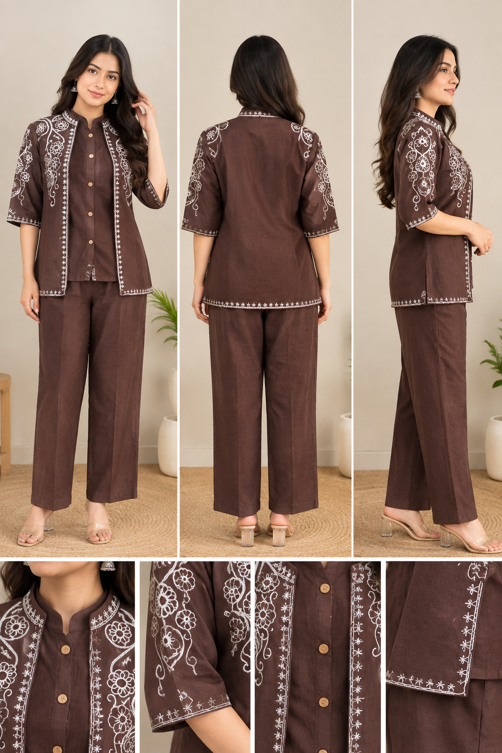 Deevaz Women’s Brown Embroidered Kurta Pant Set | 3/4 Sleeve Ethnic Co-Ord Set