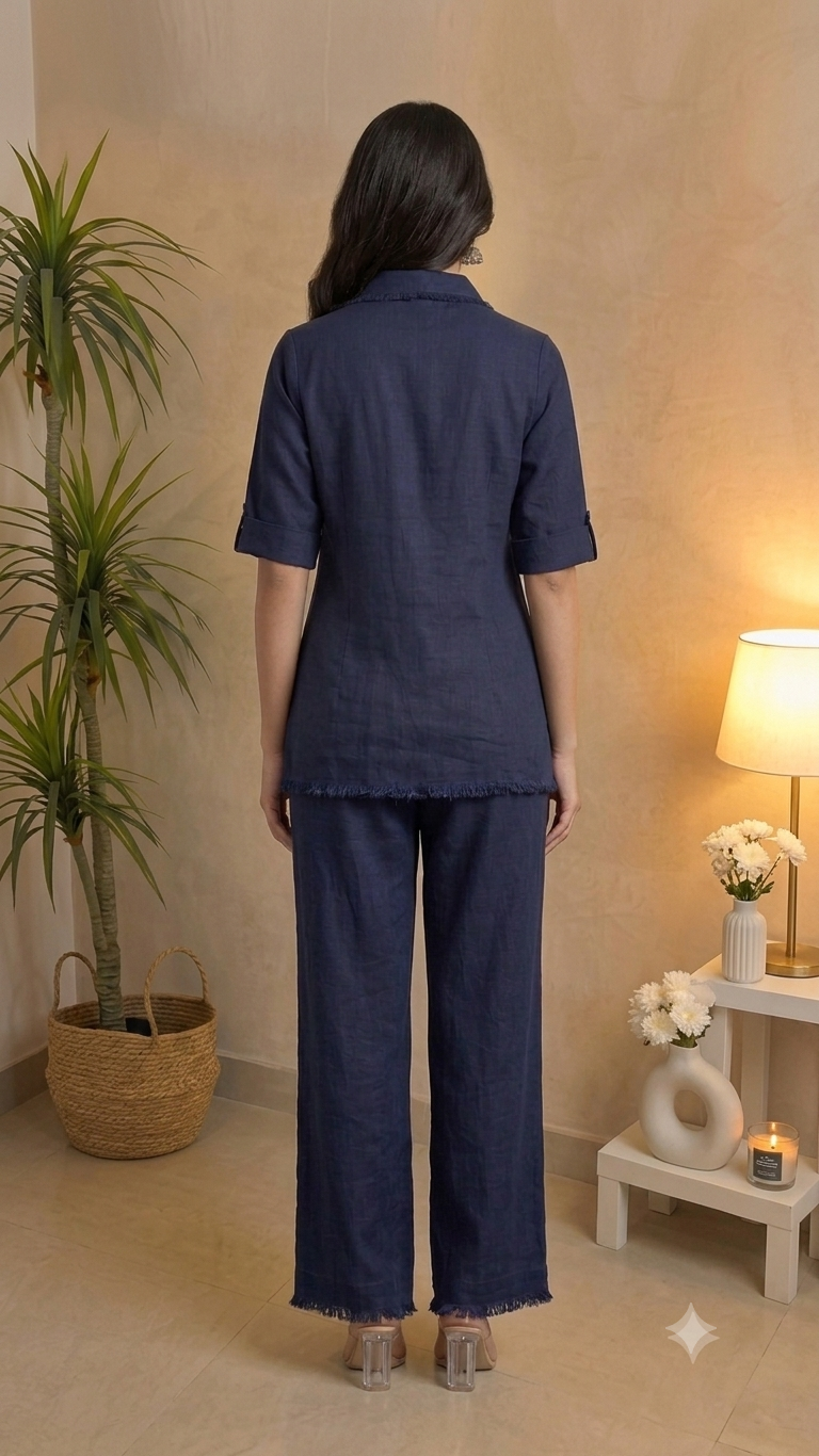 Deevaz Navy Blue Embroidered Linen Co-ord Set