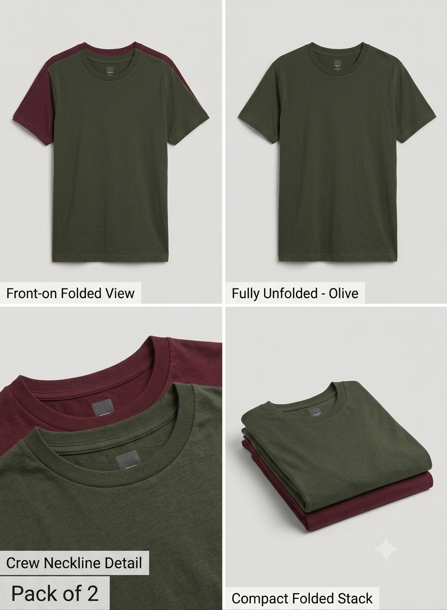 Deevaz Pack of 2 Premium Cotton Crew Neck T-Shirts – Olive & Maroon