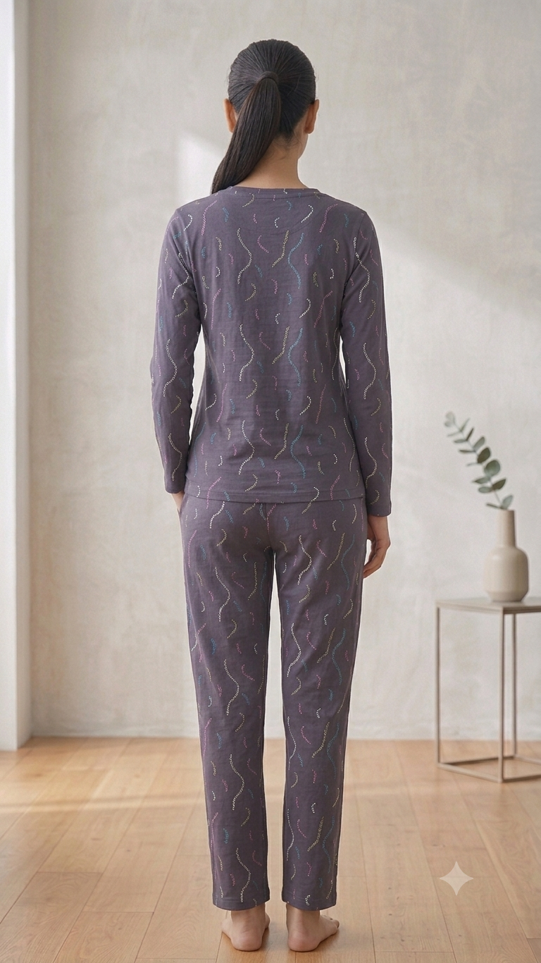 Deevaz Women's Charcoal Grey All-Over Printed Long Sleeve Pyjama Set