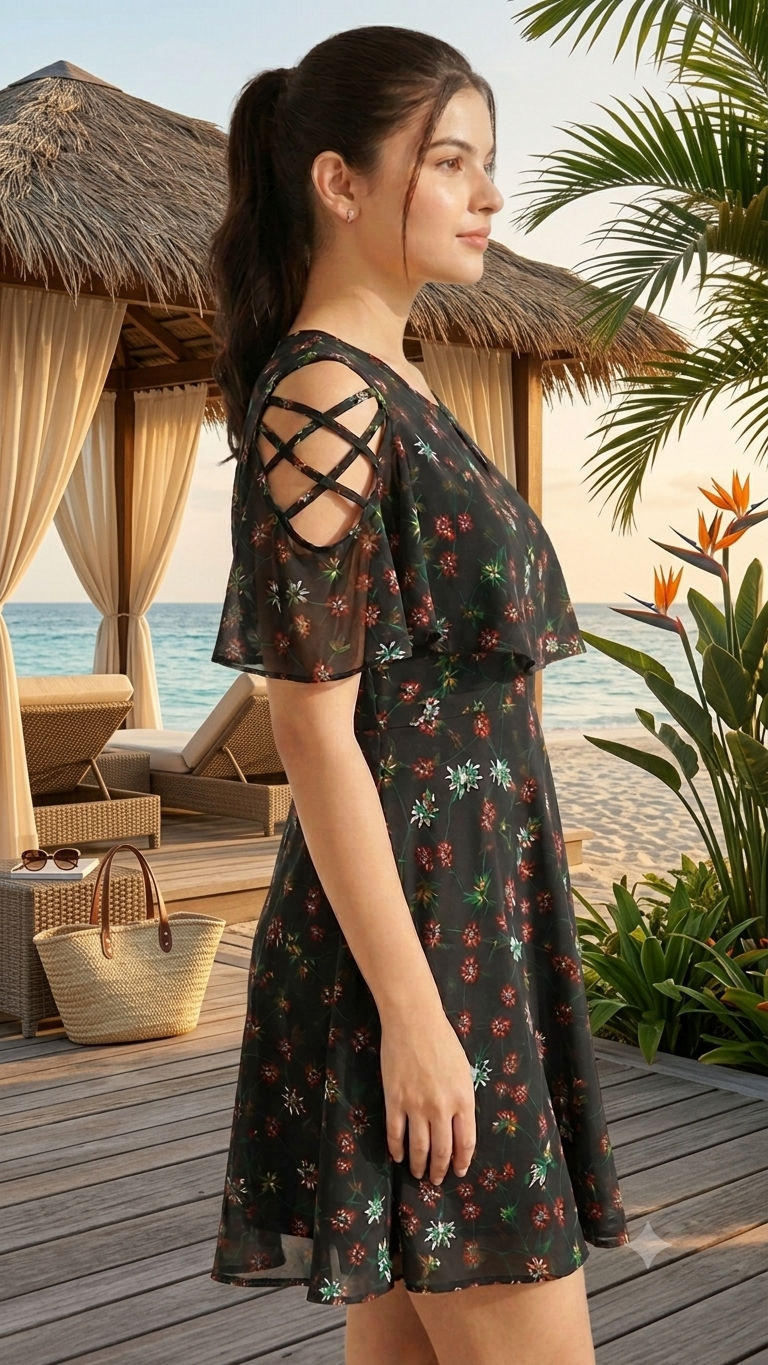 Deevaz Floral Lattice Cold-Shoulder Cape Beachwear Dress