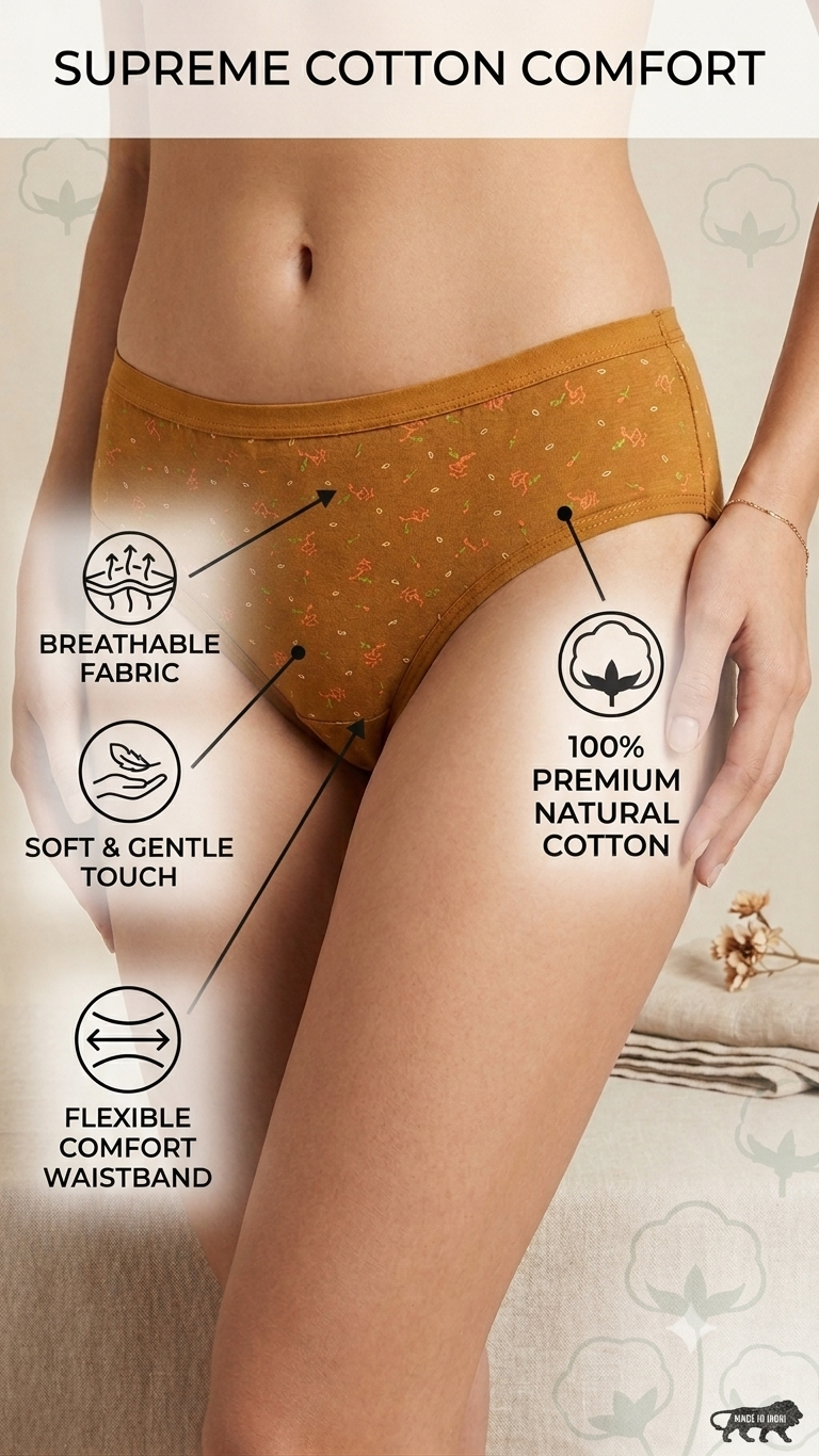 Deevaz Women's Mustard Yellow Printed Cottan Mid-Rise Hipster Panty
