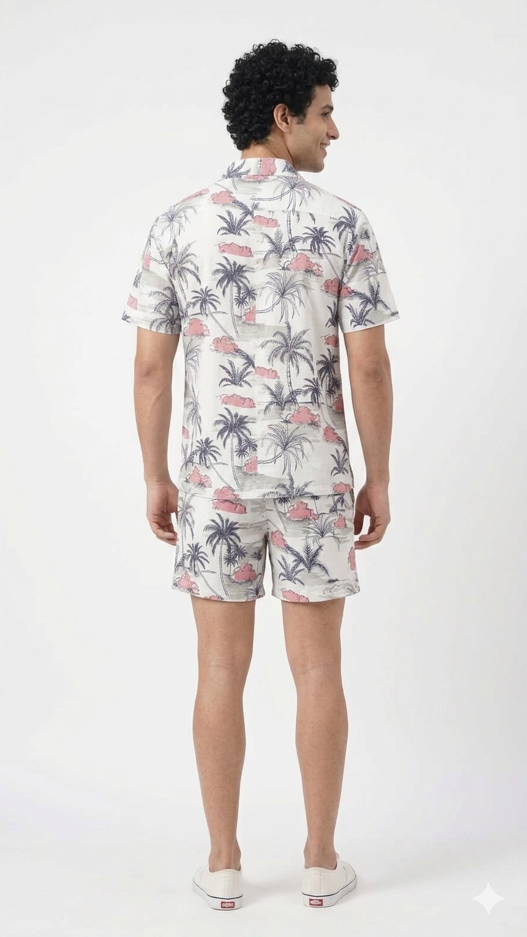 Deevaz Men's Tropical Palm Print Resort Shirt & Shorts Co-ord Set.