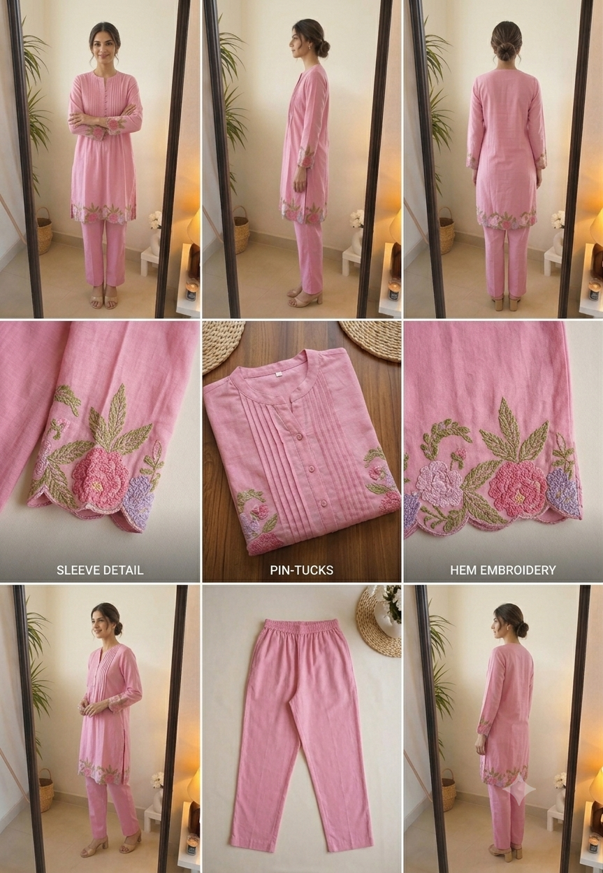 Deevaz Soft Pink Embroidered Cotton Kurta Set with Pin-Tuck