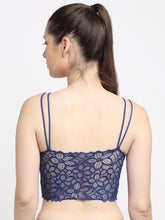 Load image into Gallery viewer, Deevaz Padded non-wired Floral Lace Crop Bralette in Royal Blue Colour with Cross strap detailing.