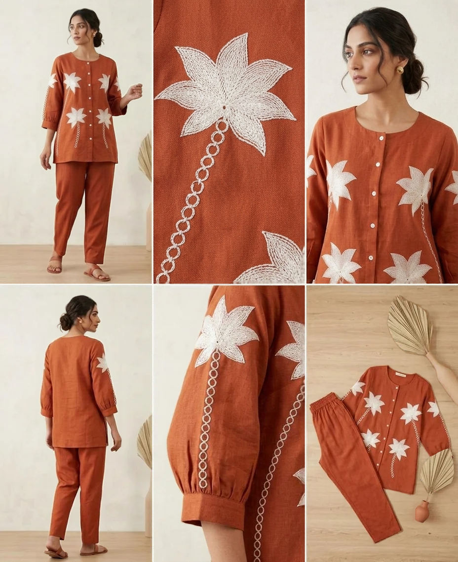 Deevaz Rust Brown Hand-Embroidered Cotton Linen Co-Ord Set Pack of 1