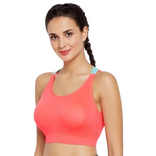 Load image into Gallery viewer, Deevaz Medium Impact Padded non-wired Sports Bra in Carrot Pink Colour with Neon Cross back strap detailing.