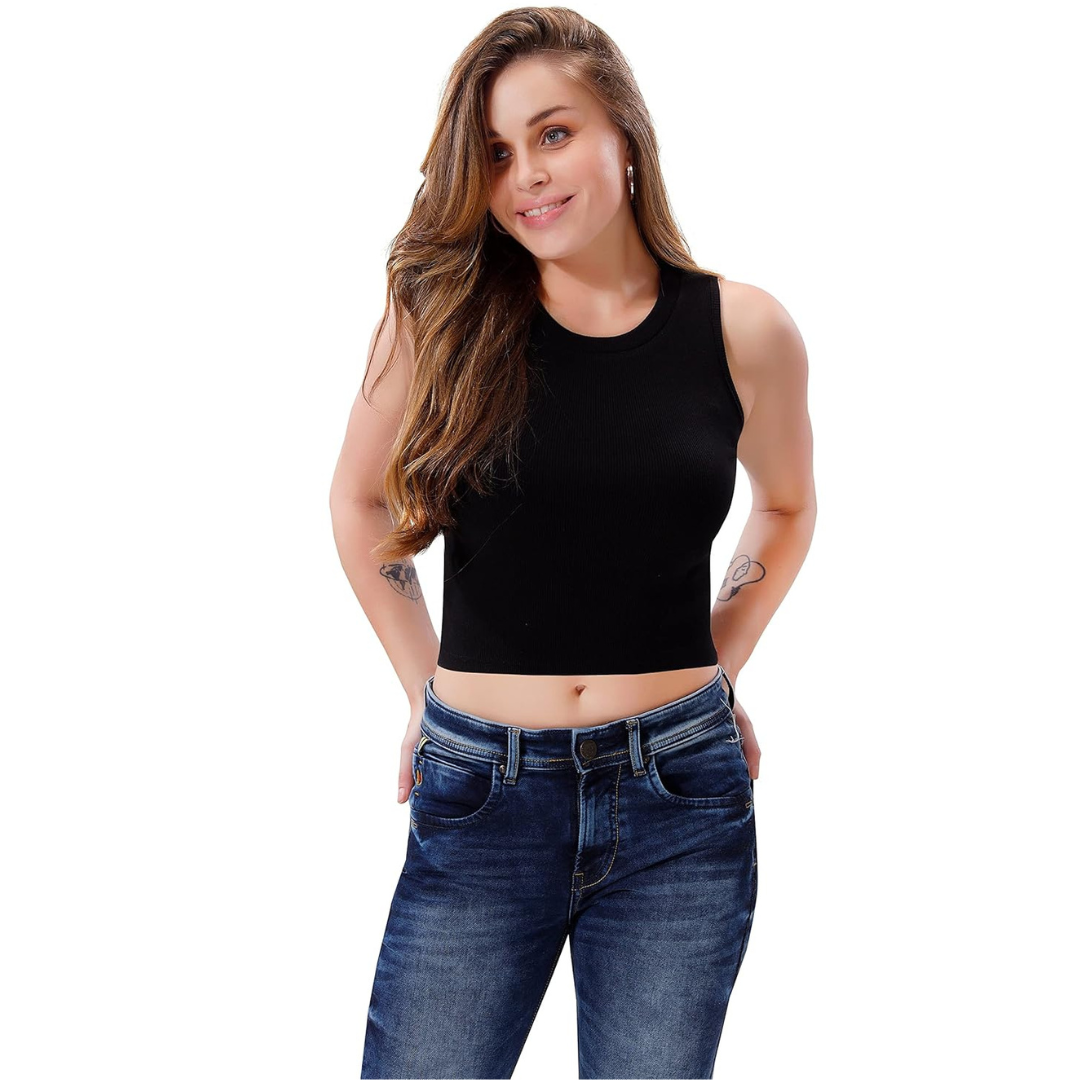 Deevaz Women’s Sleeveless Rib Knitted Cotton Racer Back Tank Tops Crew Neck Crop Tops Black Color.