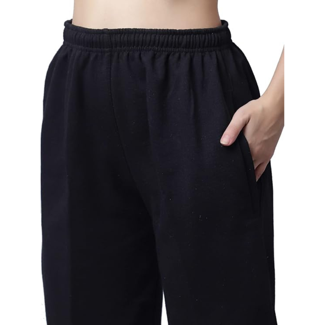 Deevaz Women's Fleece Regular-Fit Black Trackpant In Black Color.