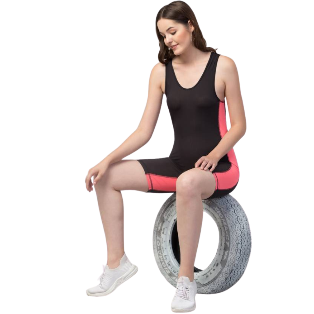 Deevaz Women Solid Legsuit Swimwear In Black & Peach Color.