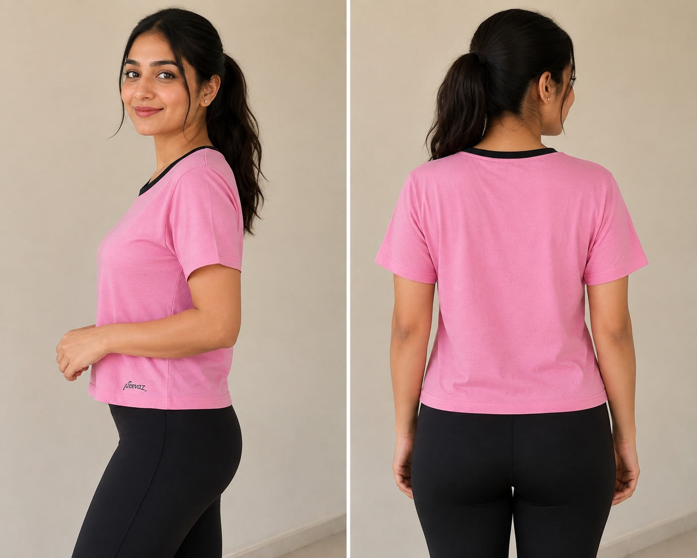 Deevaz Women’s Casual Pink Workout Crop Tee with Black Trim