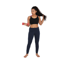 Load image into Gallery viewer, Deevaz Medium Impact Padded Non-Wired Sports Bra In Black Color With Lavender Cross Back Strap Detailing.