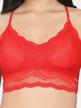 Load image into Gallery viewer, Deevaz Women Seamless Lace V-Neck Padded Bralette Spaghetti With Racer Chain Back Free Size (28 Till 34), Red