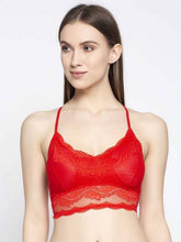 Load image into Gallery viewer, Deevaz Women Seamless Lace V-Neck Padded Bralette Spaghetti With Racer Chain Back Free Size (28 Till 34), Red