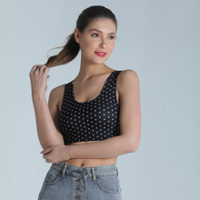 Load image into Gallery viewer, Deevaz Seamless Polka Dot Printed Sports Bra with Removable Cups in Black Colour.