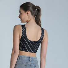 Load image into Gallery viewer, Deevaz Seamless Polka Dot Printed Sports Bra with Removable Cups in Black Colour.