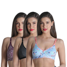 Load image into Gallery viewer, Deevaz Printed Cotton Everyday Non Padded Demi-cup Bra Combo of 3 in Grey Blue & Maroon