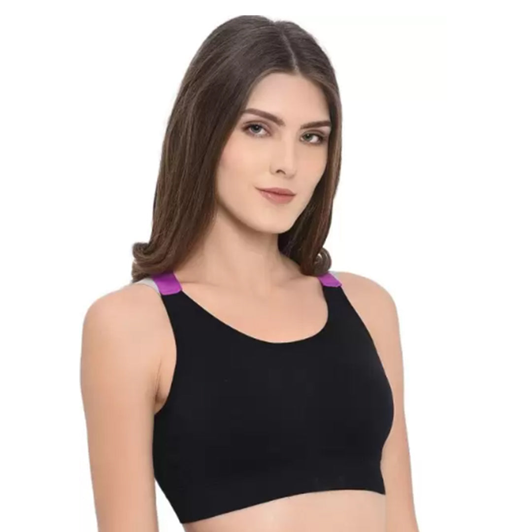 Deevaz Medium Impact Padded Non-Wired Sports Bra In Combo of 2 Carrot Pink & Black Colour With Neon Cross Back Strap Detailing.