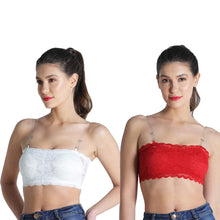 Load image into Gallery viewer, Deevaz Combo of 2 Padded Tube Bra In Red & White Poly-Lace Fabric With Removable Transparent Straps.