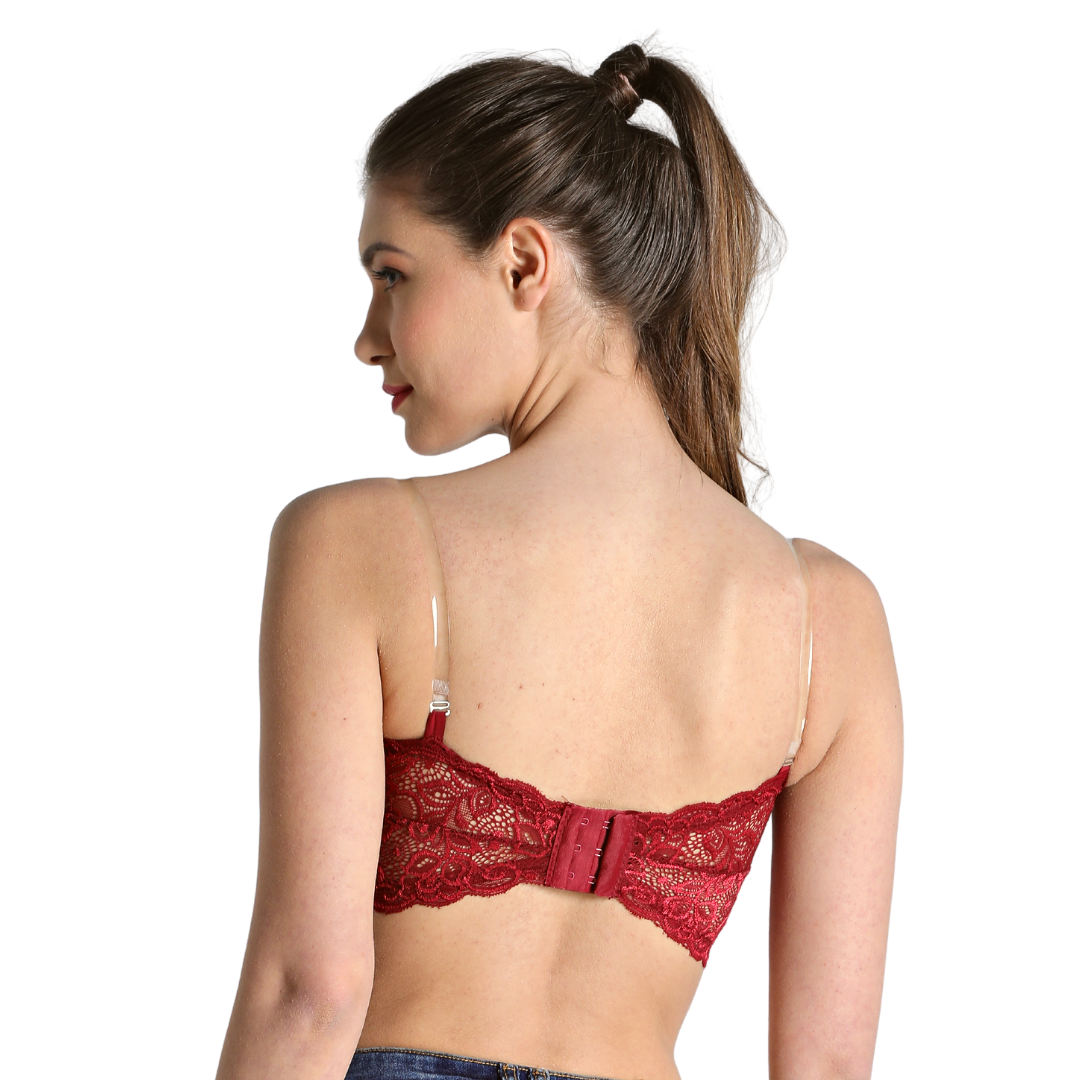 Fashiol Present Women's Net Tube Lace Everyday Detachable Bra with  Transparent Strap MAROON COLOR