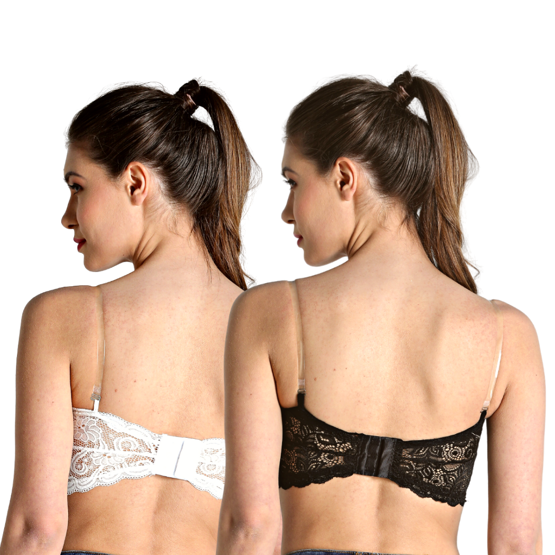 Deevaz Combo Of 2 Padded Tube Bra In Black & White Poly-Lace Fabric With  Removable Transparent Straps.