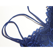 Load image into Gallery viewer, Deevaz Padded non-wired Floral Lace Crop Bralette in Royal Blue Colour with Cross strap detailing.
