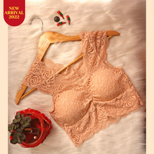Load image into Gallery viewer, Deevaz Padded non-wired Floral Lace Crop Bralette in Beige Colour.