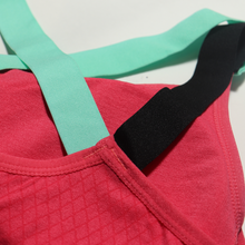 Load image into Gallery viewer, Deevaz Medium Impact Padded non-wired Sports Bra in Carrot Pink Colour with Neon Cross back strap detailing.