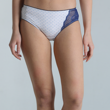 Load image into Gallery viewer, Deevaz Spandex Lycra Polka dot Hipster Panty with side Lace Panels in Greyish Blue Colour.