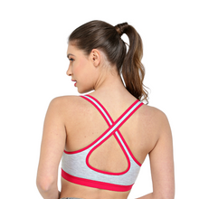 Load image into Gallery viewer, Deevaz Combo of 3 Non-Padded Cotton Rich Cross Back Sports Bra In Pink, Black & Blue Melange Colour Detailing.