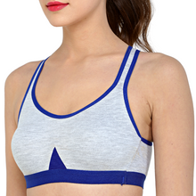 Load image into Gallery viewer, Deevaz Combo of 3 Non-Padded Cotton Rich Cross Back Sports Bra In Pink, Black & Blue Melange Colour Detailing.