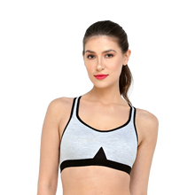 Load image into Gallery viewer, Deevaz Combo of 3 Non-Padded Cotton Rich Cross Back Sports Bra In Pink, Black & Blue Melange Colour Detailing.