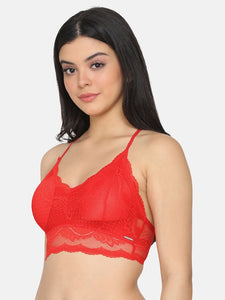 Deevaz Women Seamless Lace V-Neck Padded Bralette Spaghetti With Racer Chain Back Free Size (28 Till 34), Red