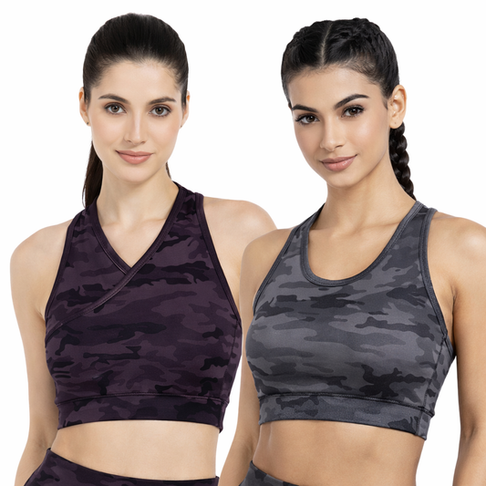 Deevaz Combo Of 2 Full Coverage Non Padded Sports Bra In (Printed Black & Grey)