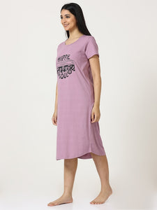 Deevaz Typography Printed Pure Cotton Nightdress One Slip In Lavender Color.