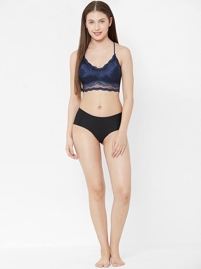 Deevaz Women Seamless Lace V-Neck Padded Bralette Spaghetti With Racer Chain Back Free Size (28 Till 34), Navy Blue
