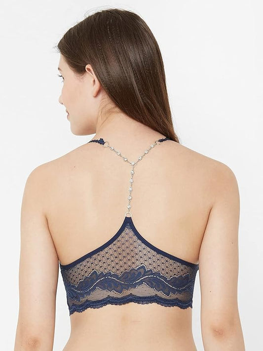 Deevaz Women Seamless Lace V-Neck Padded Bralette Spaghetti With Racer Chain Back Free Size (28 Till 34), Navy Blue