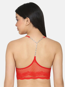 Deevaz Women Seamless Lace V-Neck Padded Bralette Spaghetti With Racer Chain Back Free Size (28 Till 34), Red