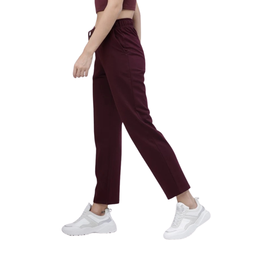 Deevaz Women Maroon Solid Port Royale Casual Straight Fit Track Pants In Maroon Color.