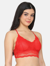 Load image into Gallery viewer, Deevaz Women Seamless Lace V-Neck Padded Bralette Spaghetti With Racer Chain Back Free Size (28 Till 34), Red