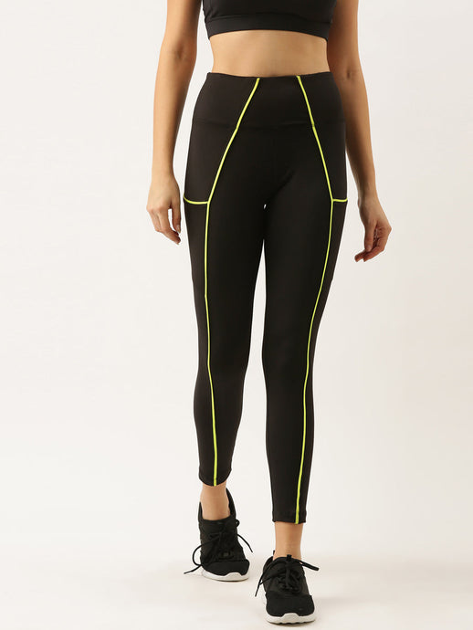 Deevaz Comfort & Snug Fit Active Ankle-Length Green Thread Stitching Tights In Black Color (Side Pocket)