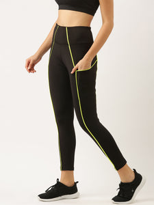 Deevaz Comfort & Snug Fit Active Ankle-Length Green Thread Stitching Tights In Black Color (Side Pocket)