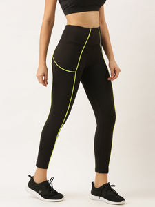 Deevaz Comfort & Snug Fit Active Ankle-Length Green Thread Stitching Tights In Black Color (Side Pocket)