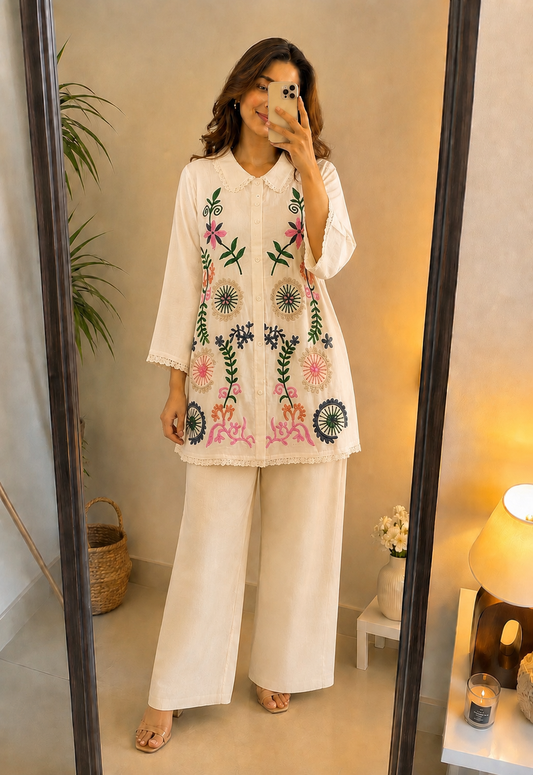 Deevaz Women’s Embroidered Cotton Blend Kurta with Wide-Leg Palazzo Pants Set