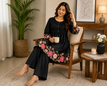 Load image into Gallery viewer, Deevaz Women’s Black Floral Embroidered Kurta &amp; Palazzo Pant Set